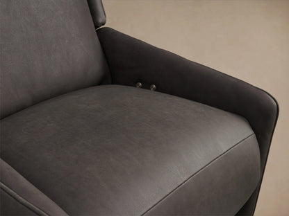 Hurley Leather Motion Swivel Chair in dark brown leather, front view. Features high backrest, cushioned seat, and sleek metal swivel base on wooden floor.