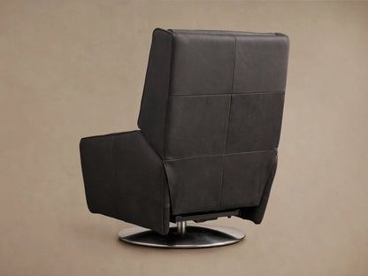 Reclined Hurley Leather Motion Swivel Chair in dark leather with sleek, seamless design. Circular metal base visible on neutral background.