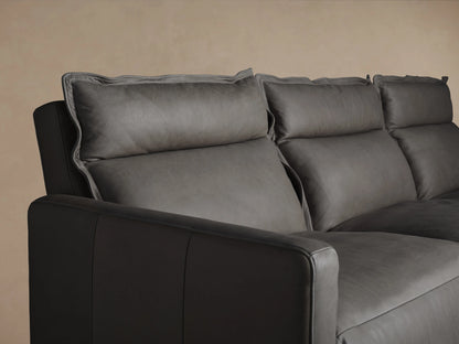 Rowland Leather Three-Piece Motion Modular Sofa in dark brown leather with plush cushions. Left, armless, and right recliner seats shown.