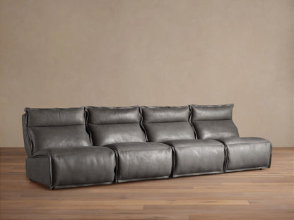 Rowland Leather Four-Piece Armless Motion Modular Sofa in dark gray leather, featuring four connected recliners on a wooden floor against a beige wall.