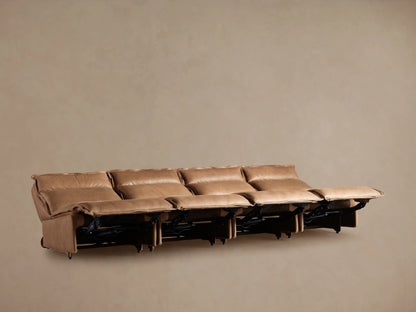 Rowland Leather Four-Piece Armless Motion Modular Sofa in brown leather, reclined position showing footrests elevated, set against a plain background.