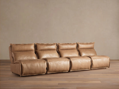 Rowland Leather Four-Piece Armless Motion Modular Sofa in tan leather, featuring four armless seats with plush backrests and sleek design.