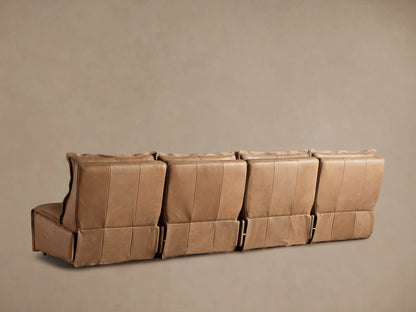 Rowland Leather Four-Piece Armless Motion Modular Sofa in tan leather, viewed from the back, showing four connected sections without visible connectors.