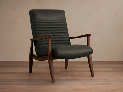 Nathaniel Leather Chair with dark leather upholstery, horizontal stitching on backrest, and wooden arms and legs on a wood floor.