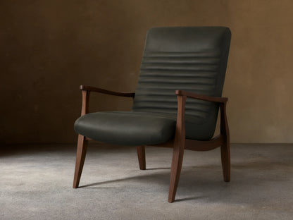 Nathaniel Leather Chair with dark leather upholstery, horizontal stitching on backrest, and wooden arms and legs on a wood floor.