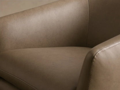 Front view of the light brown leather Pelton Leather Swivel Chair with a curved back, separate cushion, and black swivel base.