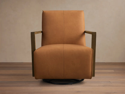 Angled view of the tan Walsh Leather Swivel Glider, featuring dark wood armrests and a black swivel base.