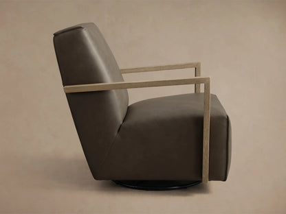 Rear-side view of the taupe leather Walsh Leather Swivel Glider with wooden armrests and a black swivel base.
