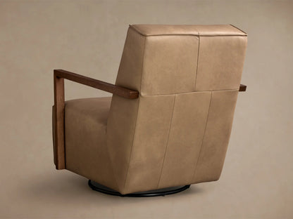 Close-up of the tan leather upholstery and dark brown wooden armrests of the Walsh Leather Swivel Glider.