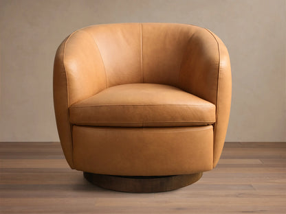 Rear view of the tan Cerrito Leather Swivel Chair, showing its rounded back with vertical stitching and dark wooden swivel base.