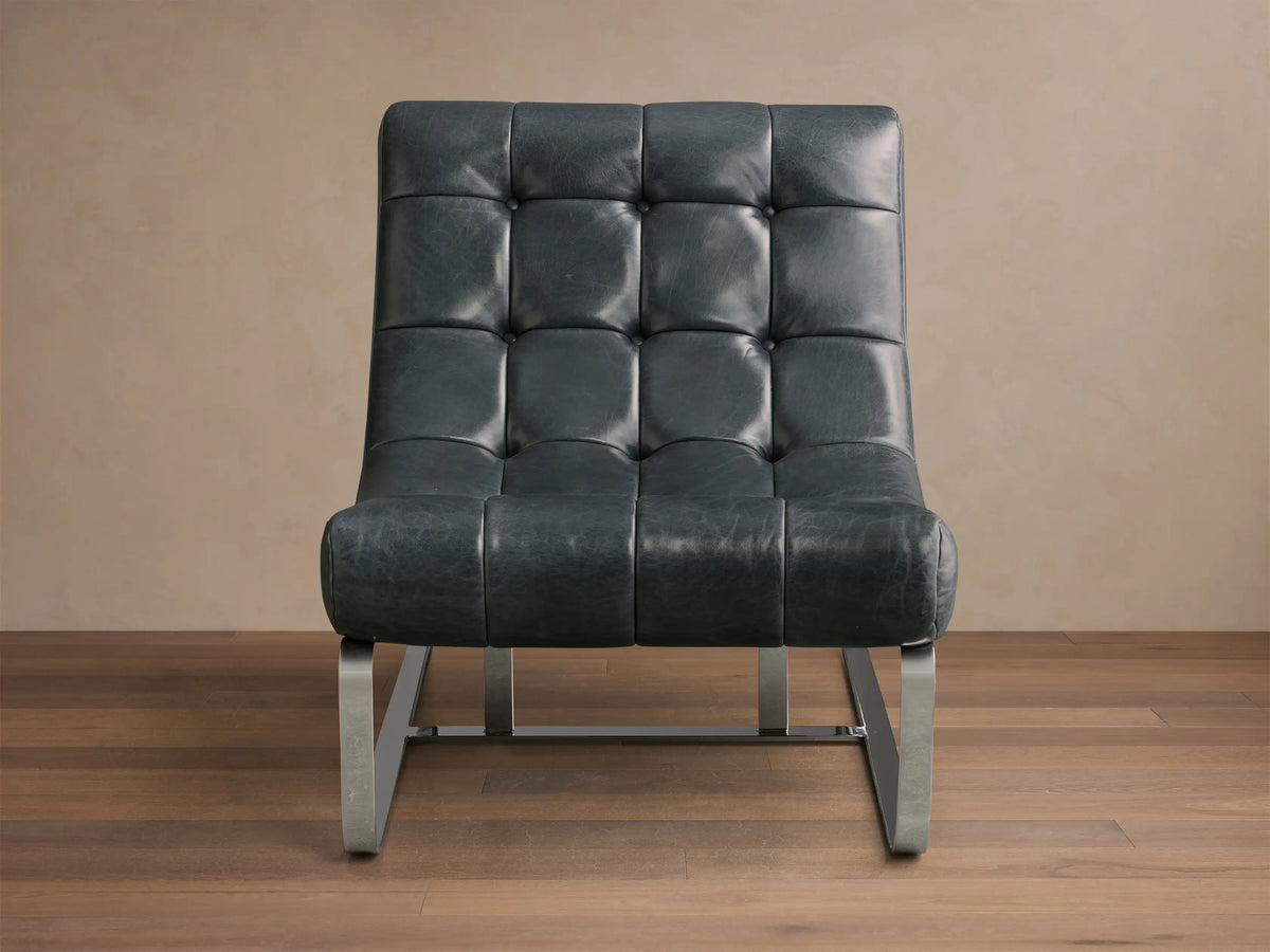 Interior view of a brown Callaway Leather Chair with tufted seat and back, in a rustic modern living room.