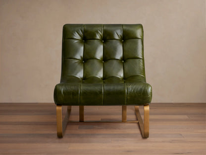 Brown Callaway Leather Chair with tufted leather cushions, low back, and exposed black metal frame from a front-side angle.