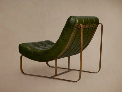 Back view of the Callaway Chair featuring a rich green leather upholstery with vertical strap detailing and a bronze metal frame.