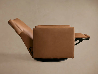 Tan leather Rudy Swivel Recliner with square arms and an extended footrest, angled right, sitting on a black swivel base.