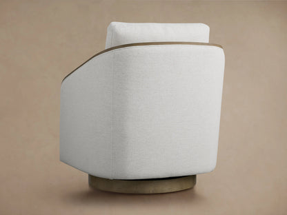 Pomona Swivel Chair with light fabric cushions, exposed oak edges on arms and base, showing a close-up of backrest.