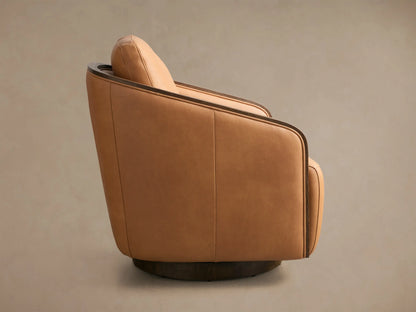 Front view of the tan Pomona Leather Swivel Chair with exposed dark oak armrests and matching swivel base.