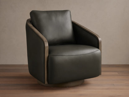 Front view of the dark olive green leather Pomona Leather Swivel Chair with exposed oak arms and a round swivel base.