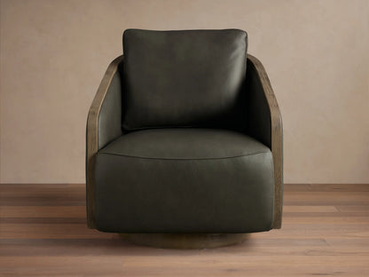 Front view of the dark olive green leather Pomona Leather Swivel Chair with exposed oak arms and a round swivel base.
