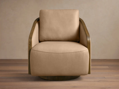 Front view of the tan Pomona Leather Swivel Chair, featuring dark exposed oak armrests and a matching swivel base.