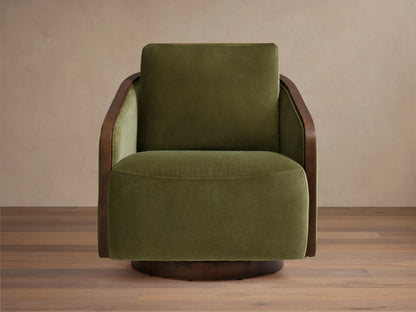 Angled front view of the beige Pomona Swivel Chair with exposed oak arms and swivel base.