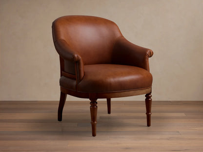 Front view of a brown leather Polly Leather Chair with rolled arms and hand-turned dark wood legs.