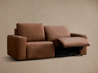 Front view of the brown Brennan Leather Two-Piece Motion Sofa with the left recliner extended.