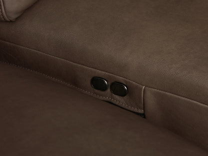 Front view of the Brown Brennan Leather Four-Piece Motion Sectional with low-profile arms and four seating sections.