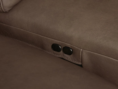Brown Brennan Leather Five-Piece Motion Corner Sectional, L-shaped, on a light wood floor against a neutral wall.