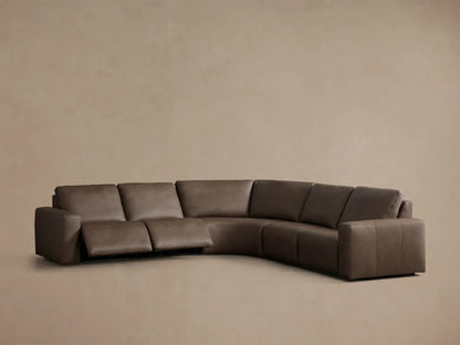 Front view of a brown Brennan Leather Five-Piece Motion Corner Sectional, with the right arm recliner extended.
