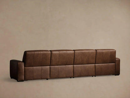 Borough brown leather 4-piece motion sectional, left side upright, right two seats reclined with footrests extended.