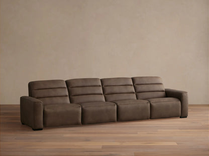 Borough Leather Four-Piece Motion Sectional in rich brown, with horizontal tufted backrests, on a wood floor against a light wall.