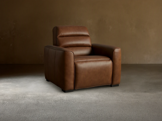 Borough Leather Motion Recliner, rich brown leather, padded back, wide arms, subtle piping, angled right.