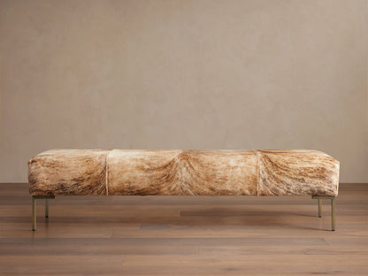 Tilton Hair on Hide Bench with natural tan and brown color variations, featuring metal legs, set against a neutral background.