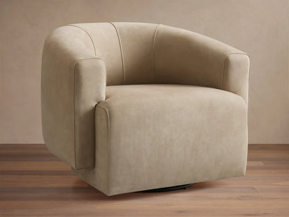 Hamlin Nubuck Leather Swivel Chair in beige, featuring a curved backrest and armrests, set on a wooden floor with a neutral backdrop.