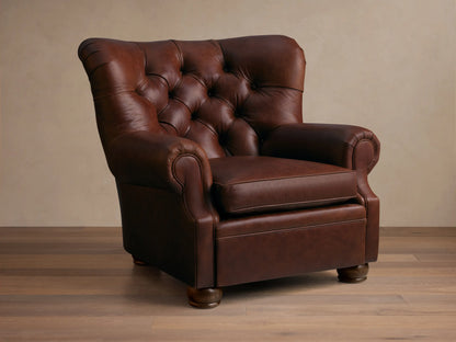 Front view of a brown tufted leather armchair with rolled arms and a single seat cushion.
