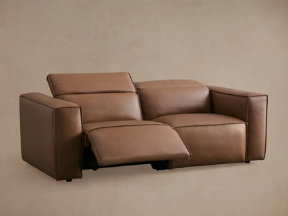 Coburn Leather Two-Piece Motion Sofa in brown leather, back view showing two-seat recliner design with plush cushions on each side.