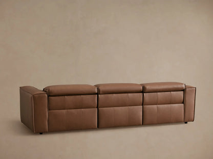 Coburn Leather Three-Piece Motion Sofa with brown buttery leather, visible stitching, and reclined seat. Right armrest and sleek design.