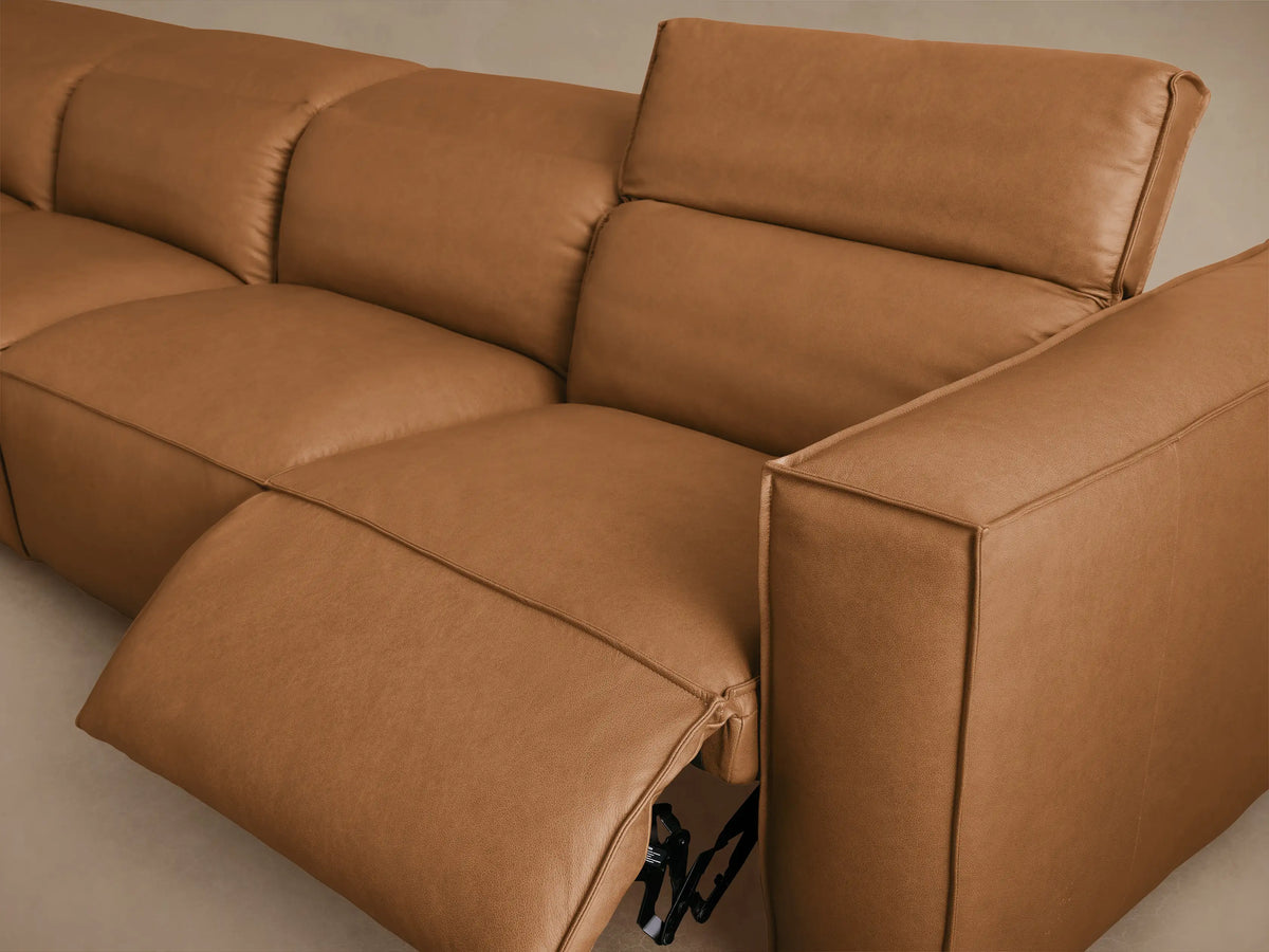 Coburn Leather Six Piece Motion Sectional in warm brown leather, features left and right arm recliners, armless recliners, and a corner piece.