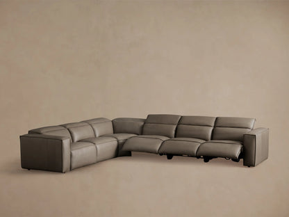 Coburn Leather Six Piece Motion Sectional in brown leather with a left arm recliner open; armless recliners and non-reclining corner visible.