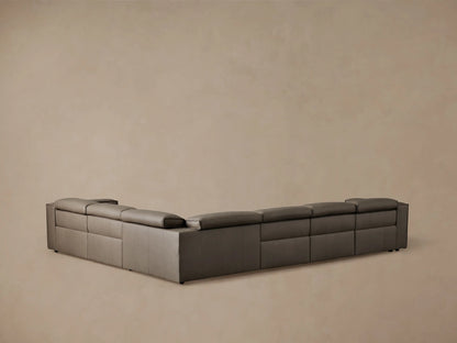 Coburn Leather Six Piece Motion Sectional in dark brown leather, features reclining seat, padded backrest, and right armrest.