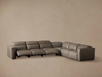 Coburn Leather Six Piece Motion Sectional in gray leather, featuring reclined right segment and sleek, plush cushioning.