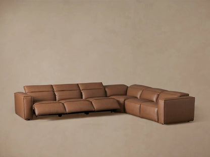 Coburn Leather Six Piece Motion Sectional in warm brown leather, L-shaped arrangement, smooth surface, and minimalistic design.
