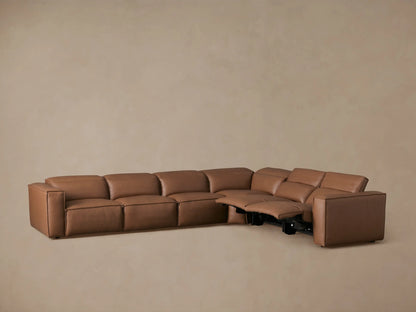 Coburn Leather Six Piece Motion Sectional in brown leather, featuring a reclined left section, corner unit, and right section, set against a plain background.