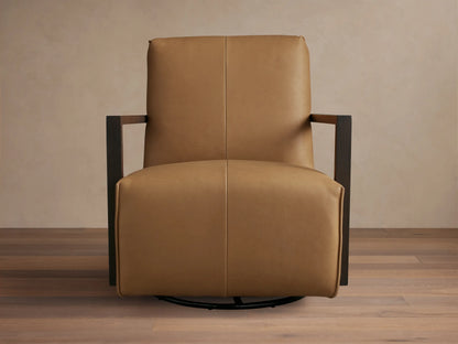 Modern Walsh Leather Glider in tan leather, with open dark wood armrests and black swivel base, angled on a wood floor.