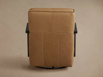 Tan Walsh Leather Glider, side view. Features smooth tan leather and dark wood square-profile armrests on a black base.