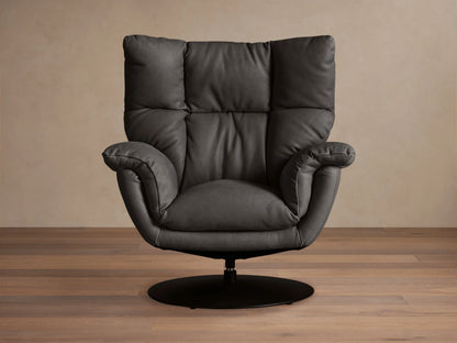 Dark gray Deacon Leather Swivel Recliner with deeply cushioned back & arms, soft leather, on a round black swivel base.
