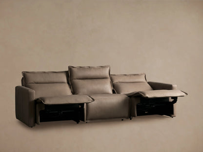 Back view of Rowland Leather Three-Piece Motion Modular Sofa in beige, showing three recliner sections, armrests on ends, and button controls.