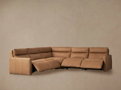 Rear view of a light brown Rowland Tailored Leather Five-Piece Motion Corner Sectional, showing its L-shape and sleek design.
