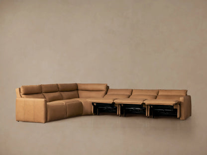 L-shaped Rowland Tailored Leather Six-Piece Motion Sectional in tan, with footrests extended, against a plain background.