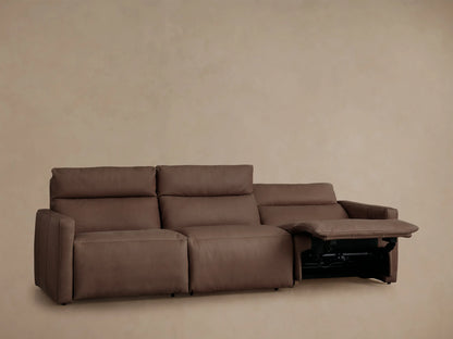 Rowland Tailored Leather Three-Piece Motion Modular Sofa in rich brown leather, fully reclined with footrests extended.